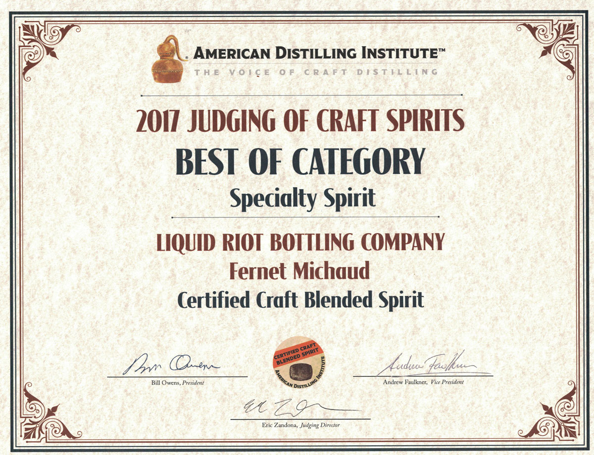 Fernet Michaud – American Distilling Institute Certificate – Best of Category, Specialty Spirit, 2017