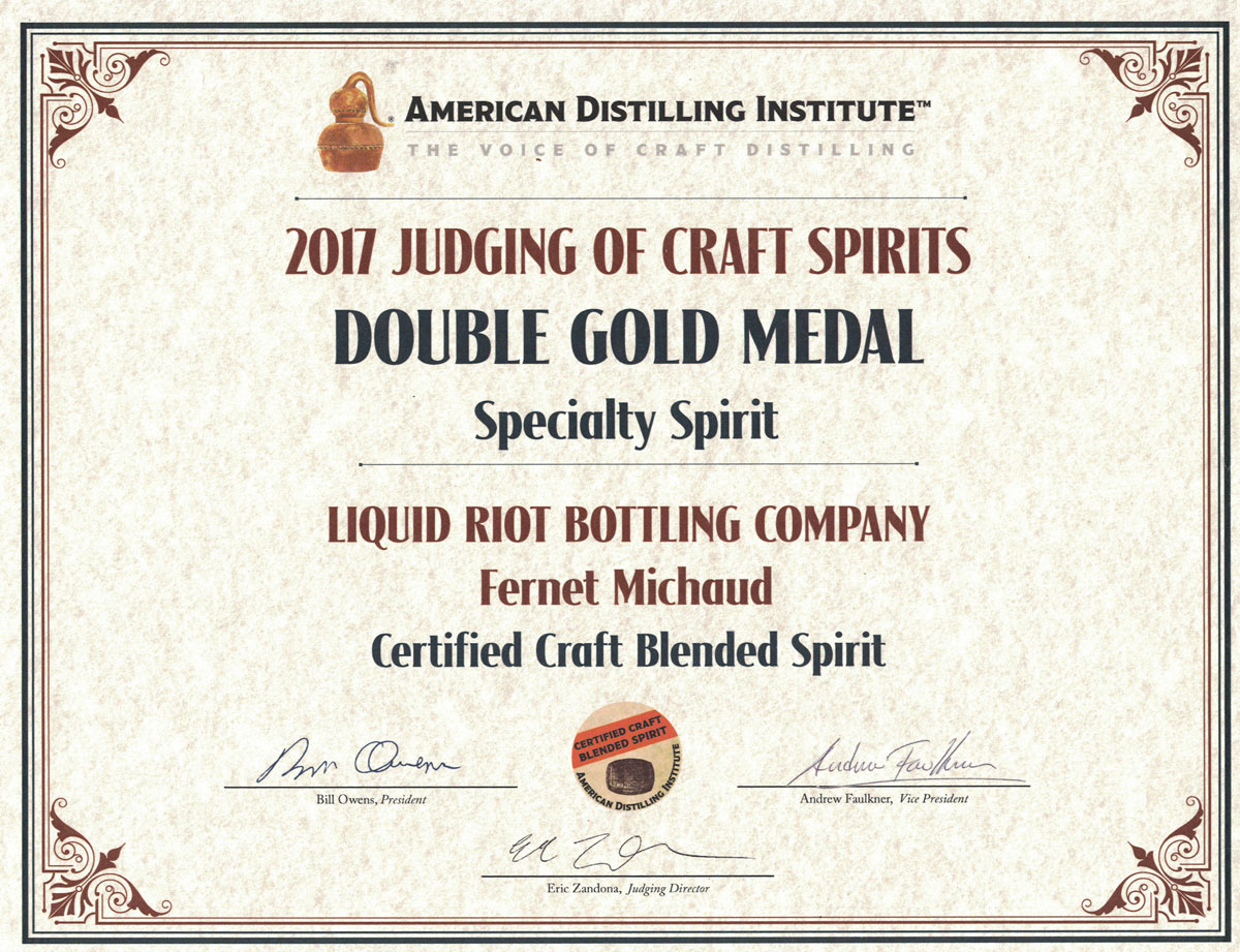 Fernet Michaud – American Distilling Institute Certificate – Double Gold, Specialty Spirit, 2017