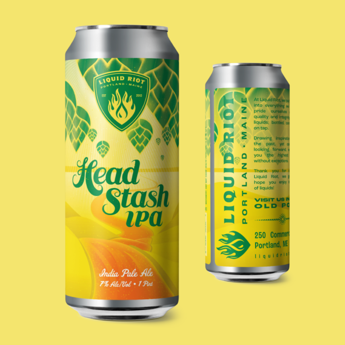 Liquid Riot x Oxbow Brewing Company Head Stash cans with new branding